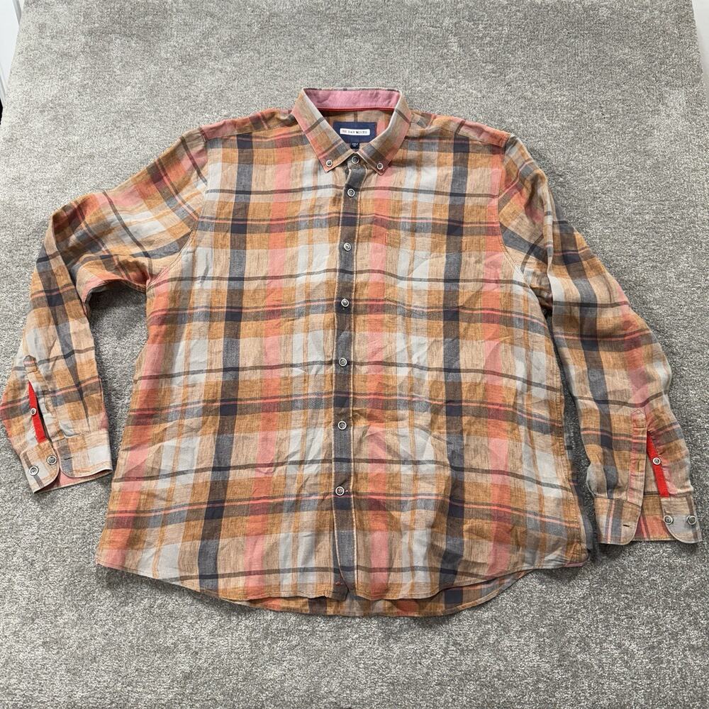 32 Bar Blues Mens XXL 100% Linen Button‎ Front Plaid Long Sleeve Casual Fall - Picture 9 of 11